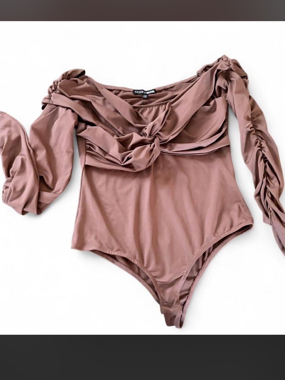 Fashion Nova Chocolate Brown Twisted Bodysuit Top with Ruched Sleeves